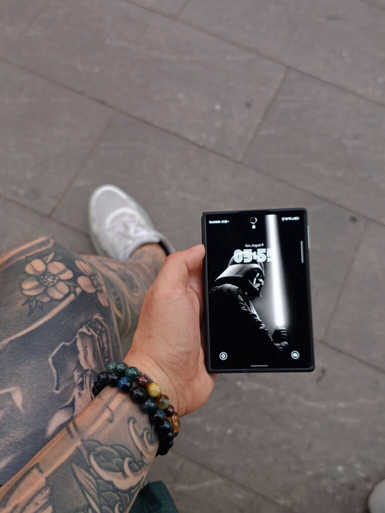 Foldable phone opened to its inner display